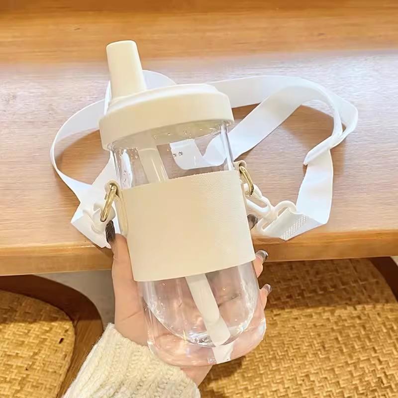 500/850ml Water Bottles Straw Plastic Cup Milk Juice Cup with Lid Leather Case Bubble Tea Coffee Cups Large Capacity Drinkware