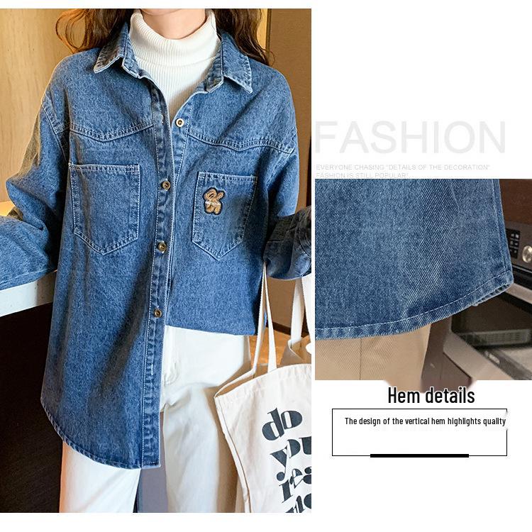 Women's Korean Style Bear Embroidery Soft Denim Shirt Jacket - Thick Material, New Design