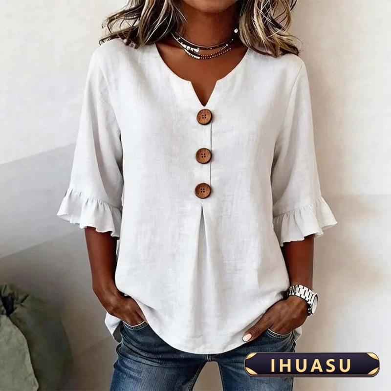 IHUASU Women's Fashion 3/4 Sleeves V-Neck Casual Blouses & Shirts Elegant