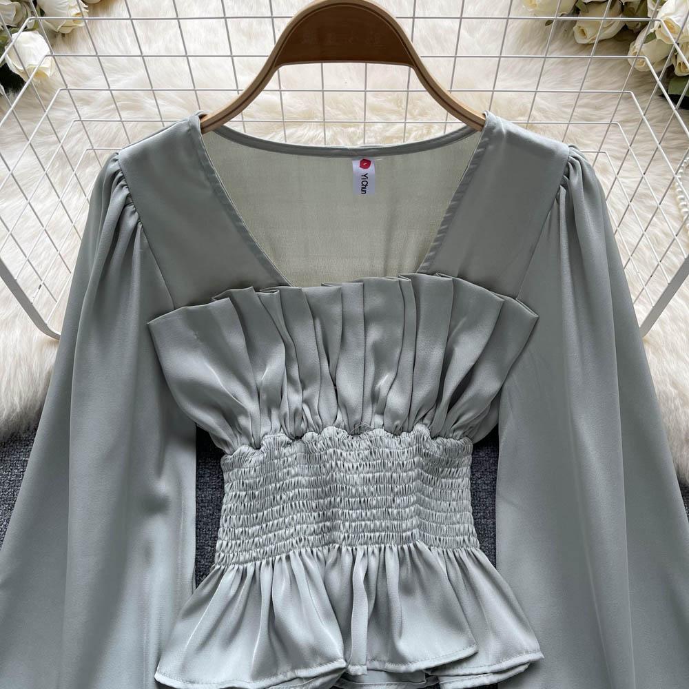 RUGOD Dámská podzimní košile s úzkým pasem a čtvercovým límcem, krásná košile s dlouhým rukávem