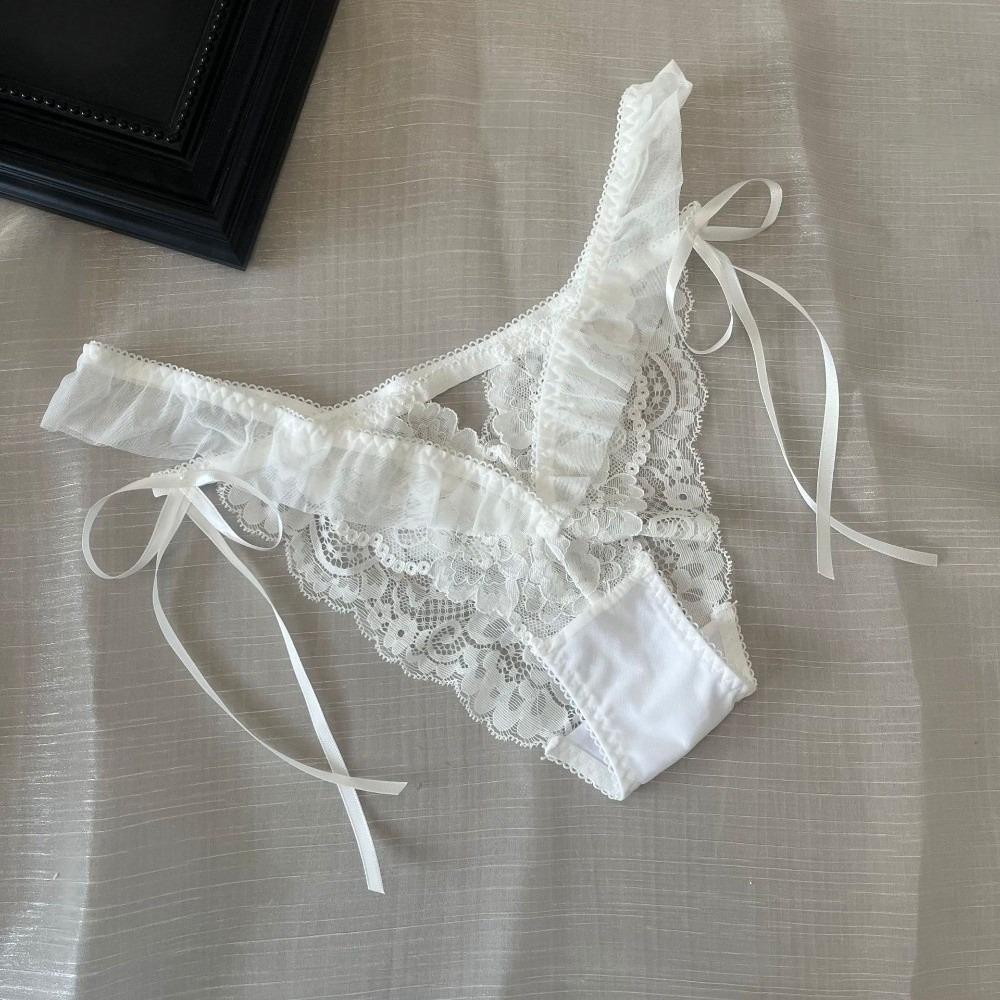 Mesh Ruffle Floral Bowknot Panties Bow Ribbon Underpants Lace Flower Transparent Briefs Lady