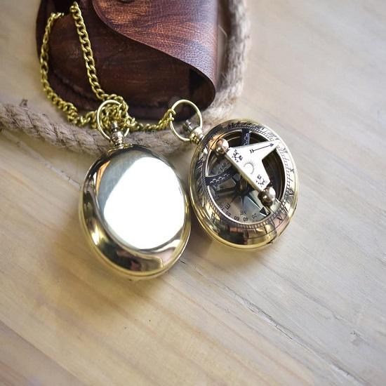 Pocket Sundial Compass - Push Button Pocket Sundial Compass with Leather Case