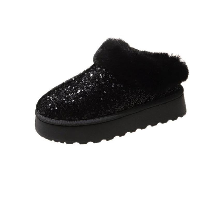 Round Head Sequined Velvet Cotton Shoes Autumn and Winter New One-pedal Lazy Drag Women's Bag Head Fluffy Slippers