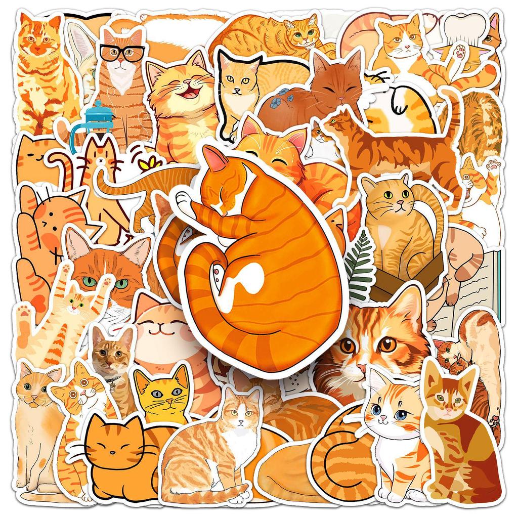 50 Waterproof Cartoon Orange Cat Stickers for Cute Pets, Milk Tea Cups, and Journals