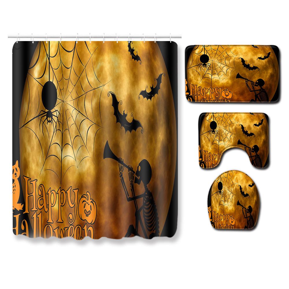 Halloween Shower Curtain Floor Mat Combination Four-Piece Set Bathroom Toilet Carpet Shower Room Mat Foot Mat