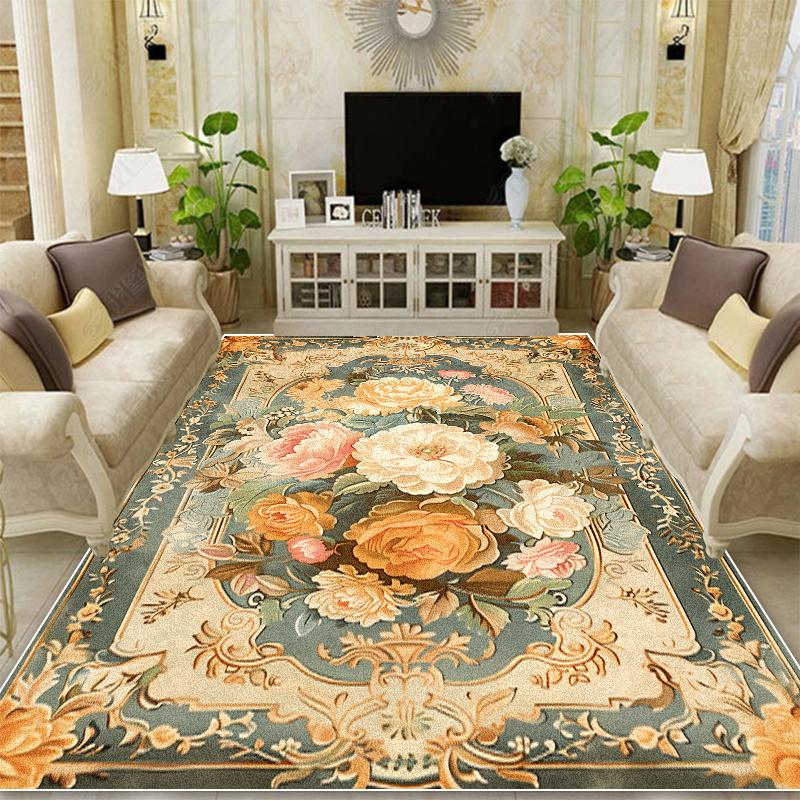 European Style Retro Decoration Carpets Living Room Flower Pattern Rugs Hall Sofa Area Rug Mat Bedroom Cloakroom Anti-Slip Floor