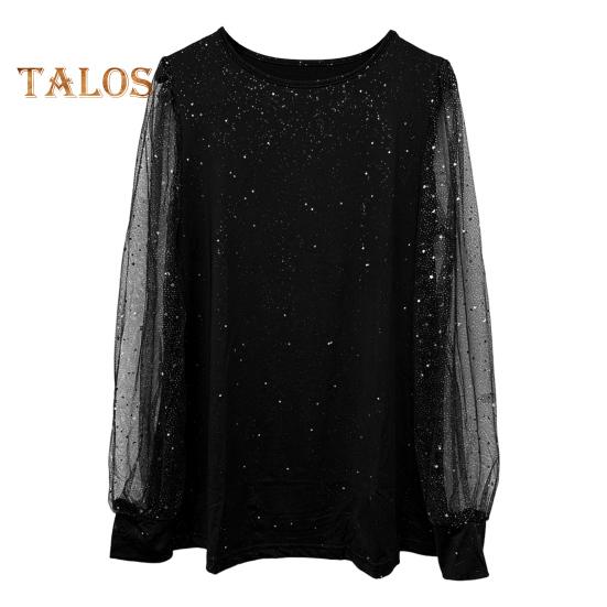 

Женская футболка с круглым вырезом, прозрачные блестящие топы с длинным рукавом, однотонные, свободного кроя, повседневные топы для повседневной носки 4XL чёрный