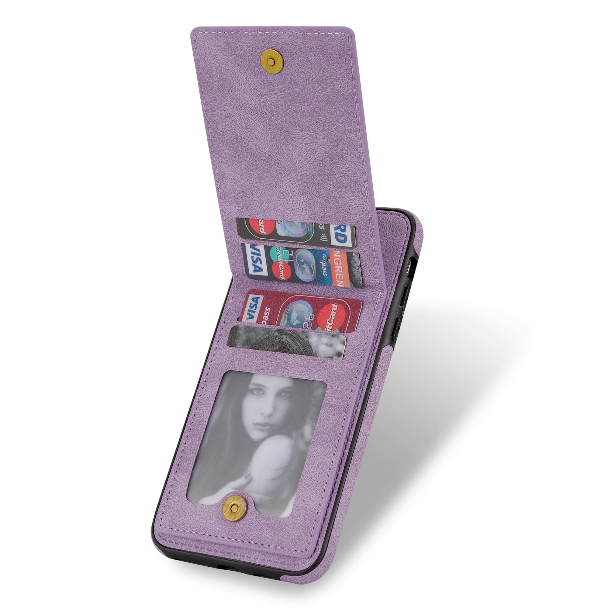 

N.BEKUS For iPhone 8/7/SE (2020)/SE (2022) PU Leather+TPU Cell Phone Shell RFID Blocking Vertical Card Holder Kickstand Phone Case Purple