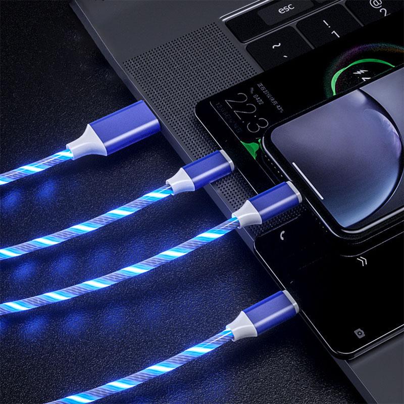 3 In 1 Glowing Charging Cable For Android Huawei XiaoMi Iphone Fashion Light Charging Cable 3A Fast Charging