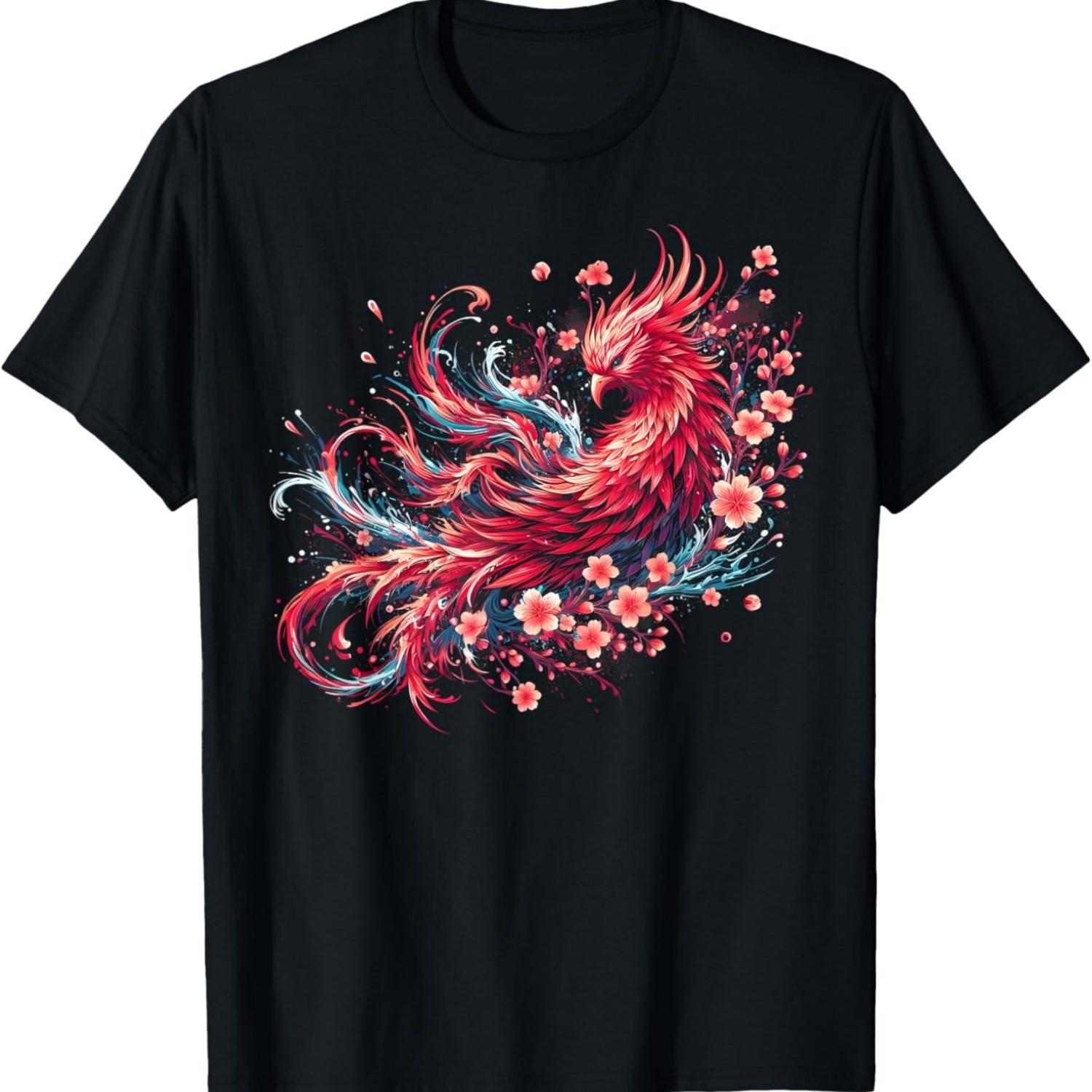Phoenix and Cherry Blossom  Art Christmas T-Shirt(4) S чёрный