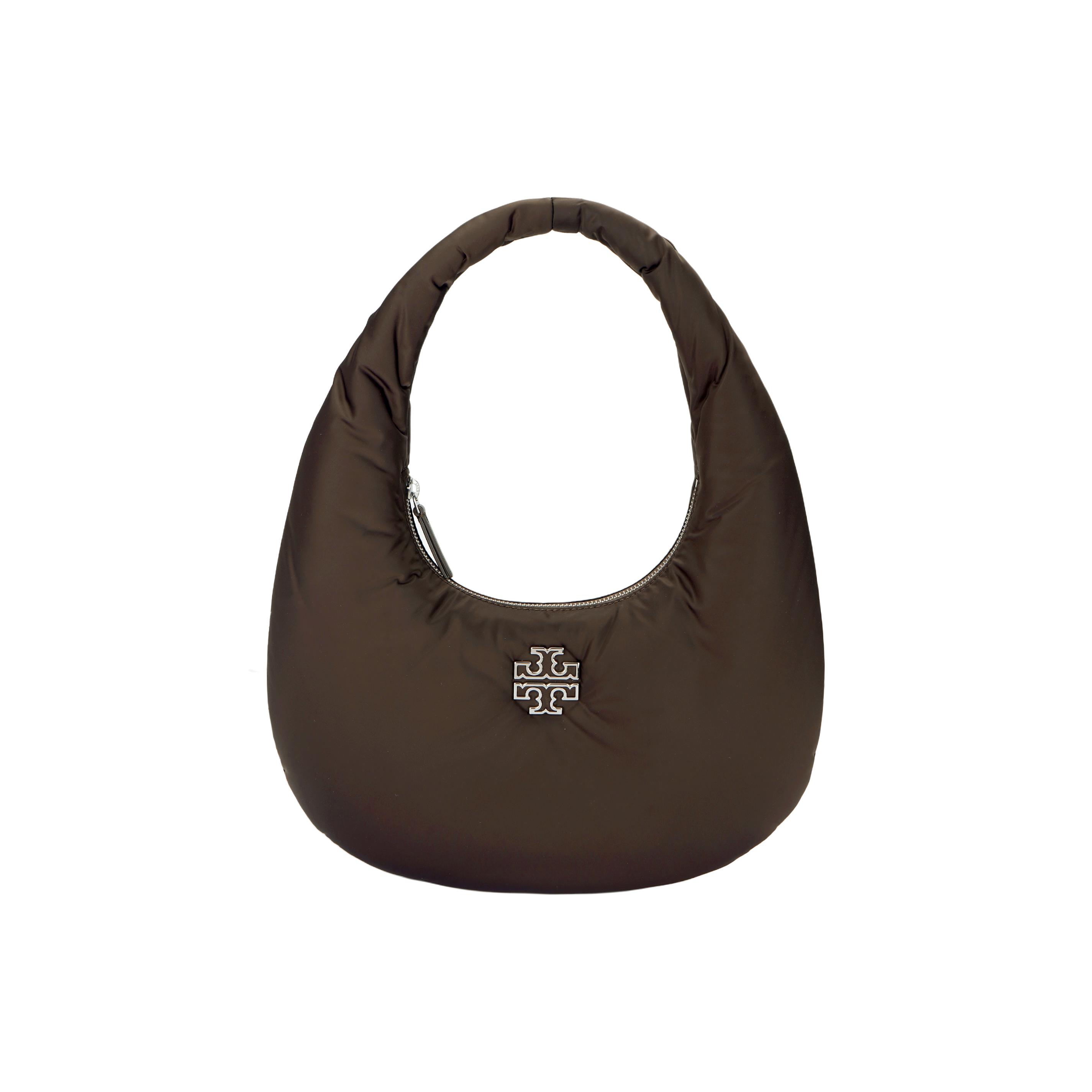 

Tory Burch Britten Metallic Logo Pleated Design Nylon Cloud Moon Bag Women handbag Brown 159501-616 Basic Set (Bag+Dust Bag)