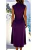 European & American Elegant Sleeveless Pleated Button Dress - Solid Color, Irregular Hem.