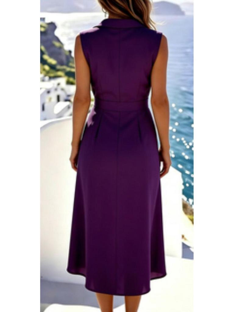 European & American Elegant Sleeveless Pleated Button Dress - Solid Color, Irregular Hem.
