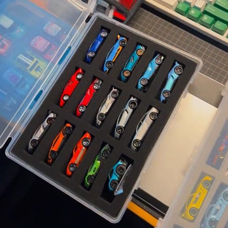 1/64 Auto-Modell Vitrine mit Schutz-Baumwollplatte, 15 Fächer Aufbewahrungsbox für Hot Wheels, Transportschutzbox