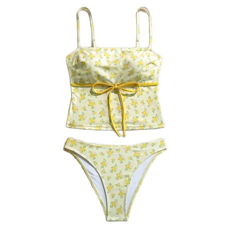 Europäischer und amerikanischer floraler Bikini Badeanzug Damen Träger Taille Schlankes Röhrenoberteil Träger Badeanzug Urlaubsstrand Badeanzug