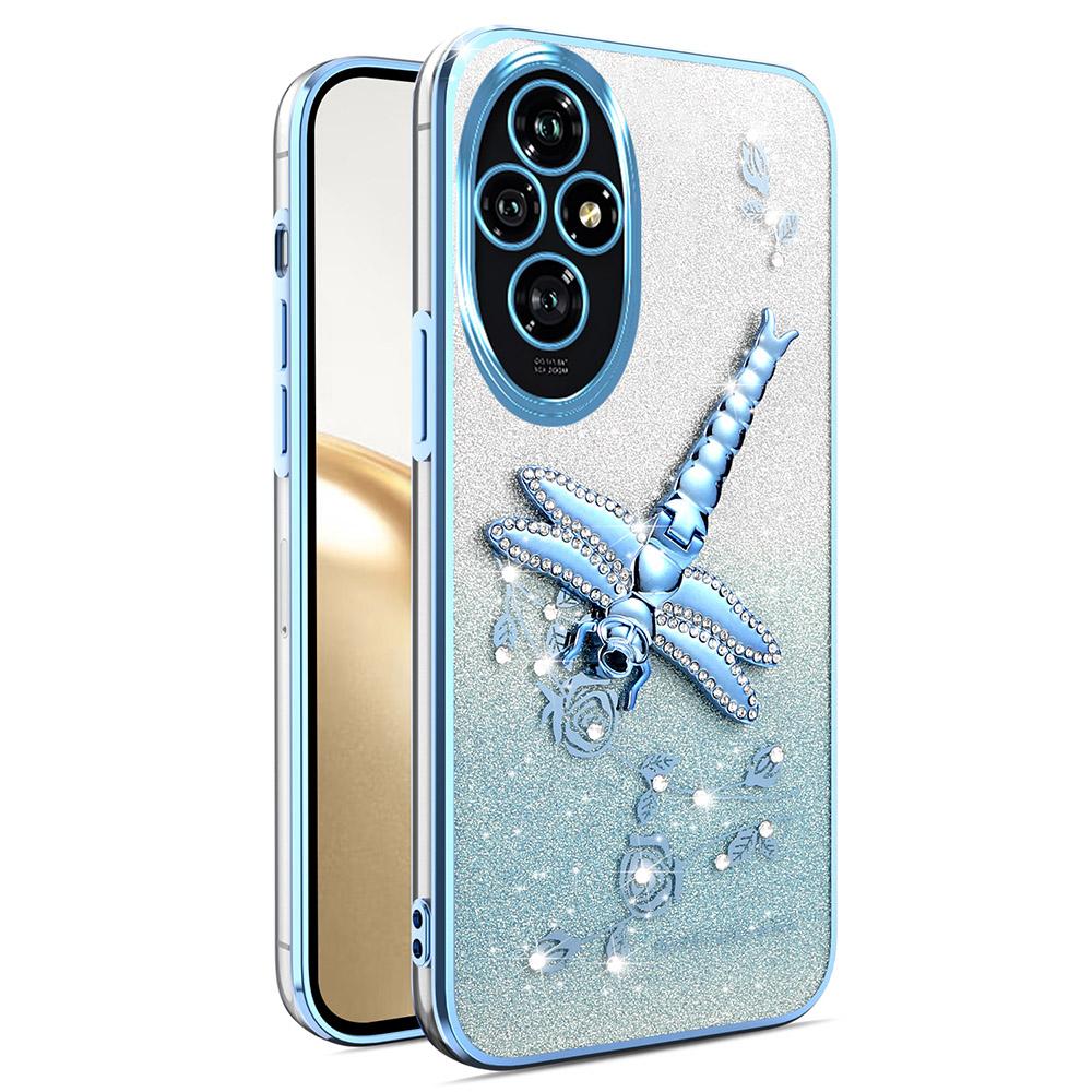 

For Honor 200 Pro 5G Case Dragonfly Kickstand TPU Flowers Glitter Phone Cover Blue