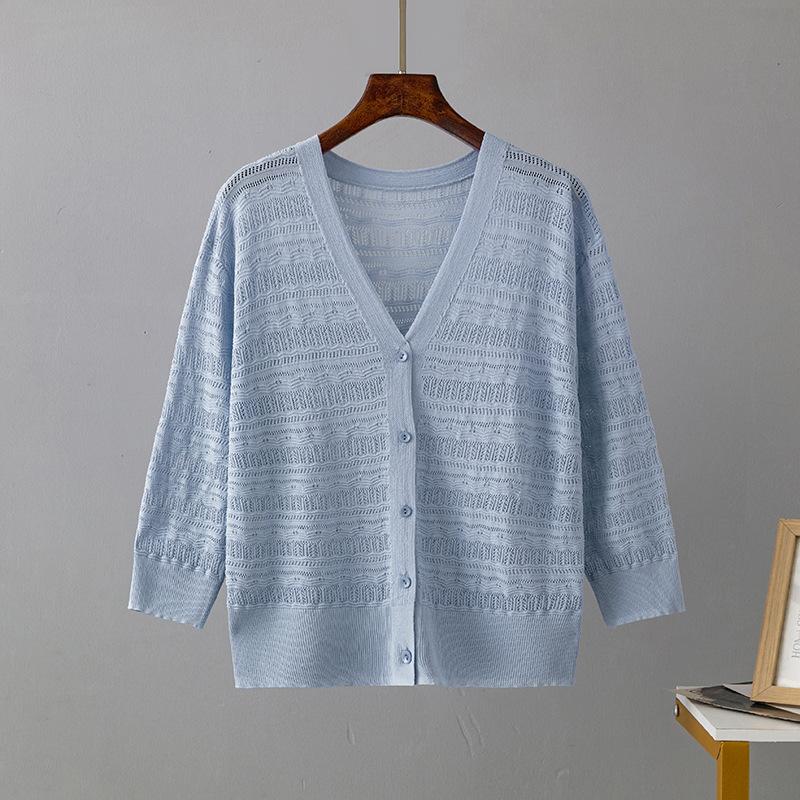 Dlouhý rukáv s výstřihem do V Dutý pulovr pro Femme Dámské Jednobarevné Knoflíček Tenké ledové šifonové halenky Košile Měkký a prodyšný úpletový top