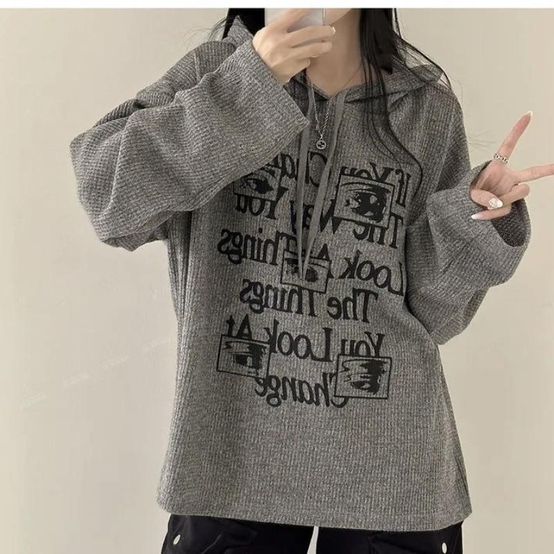 

Women Letter Printed Hooded Sweatshirt American Retro Checkered Solid Color Hoodie Autumn Loose and Simple Femalepullover 3XL сірий