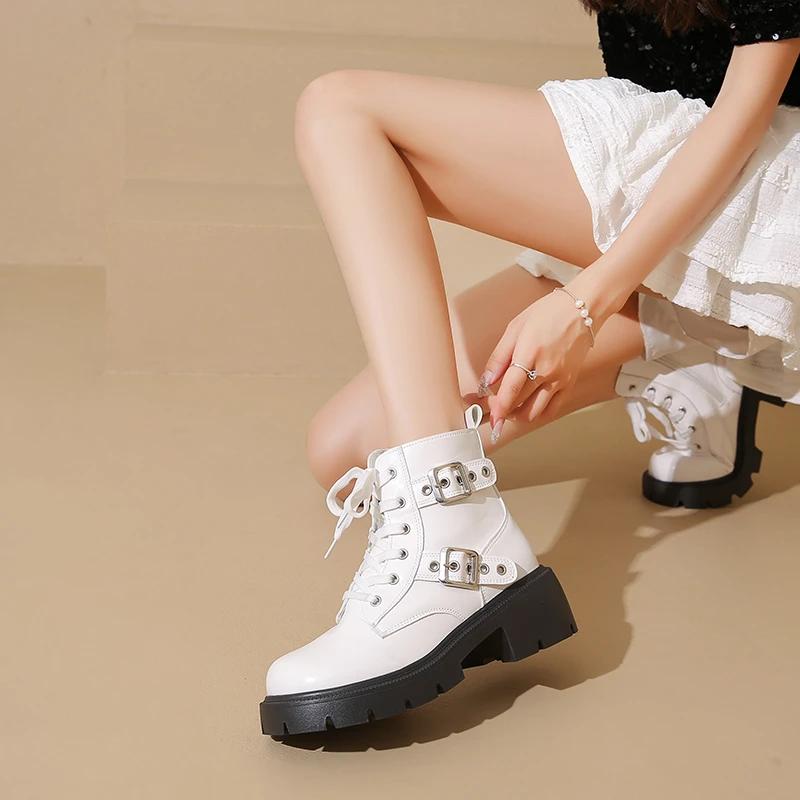 Fashion Fashion Metal Belt Buckle Decoration Western Boots Women 2025 Autumn Sexy High Heel Side Zip Ankle Boots Punk Thick Bottom Shoes