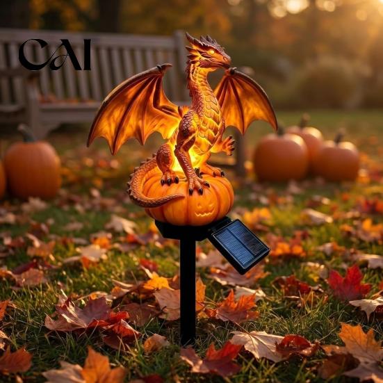 Kreatives Geburtstagsgeschenk für Freunde Drachen Solar Gartenlicht, Halloween Nacht Harz Gotische Kürbis Tischskulptur Büro Statue, Mittelalter Fantasy