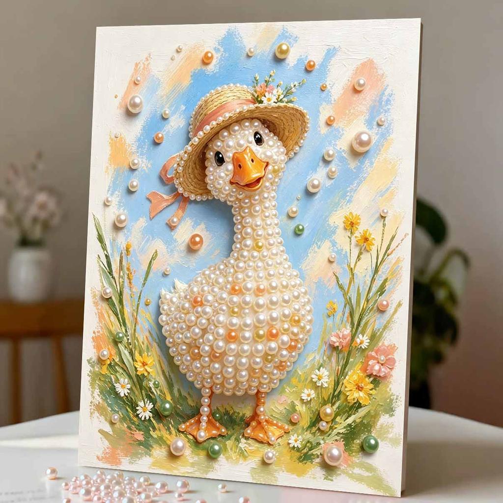 DIY Framed Pearl Painting Kit with Cute Duck in Straw Hat 5D Sparkling Bead Art Canvas Ready to Display Home Decor Wall Art Gift Idea