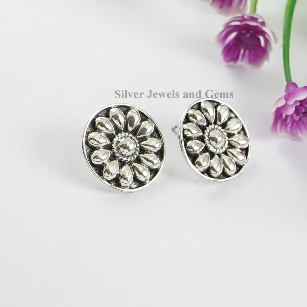 Puffed Stud Earring, Handmade Stud Earrings, 925 Sterling Silver Studs, Gift for Sister, Round Puffy Studs, Silver Dainty Jewelry