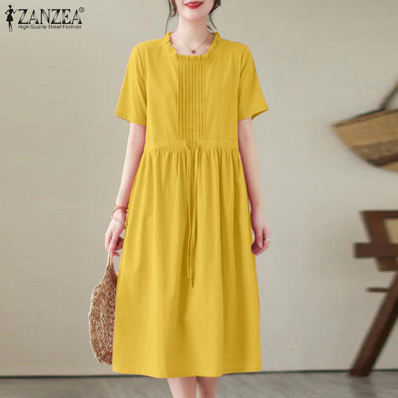 ZANZEA Women Casual Round Neck Solid Color Summer Short Sleeve Dress