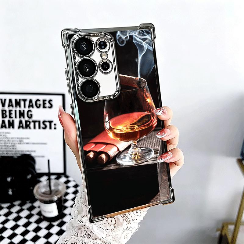 Cigar Whiskey Ice Drink Plating Phone Case For Samsung Galaxy S24 S25 FE S26 Edge S23 Ultra S22 S21 Plus S20 Anti-Fall Airabag C