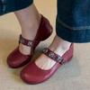 Sheepskin Version of the New French Flat-bottomed Leather Shoes Round Head Single Shoes Women's One-word Buckle Belt Black Light Mouth Mary Jane Shoes