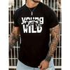 European Size Skeleton Pattern "Young Wild" Print T-shirt, Men's Casual Street Style Stretch Round Neck Tee Shirt For Summer