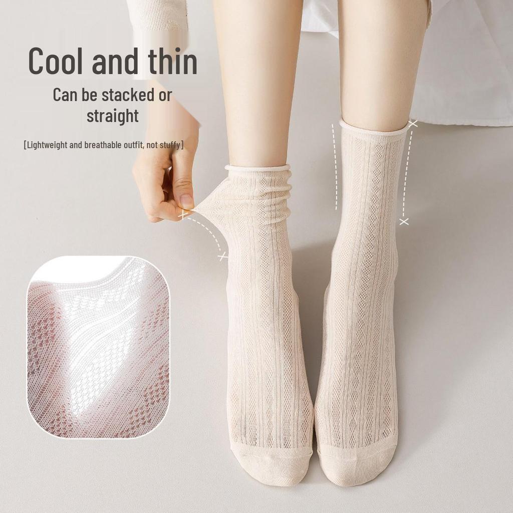 Yuxuan Women's Ice Silk Mesh Socks - Breathable, Soft, Mid-Calf Scrunch Style for Spring, Summer, and Autumn In White.