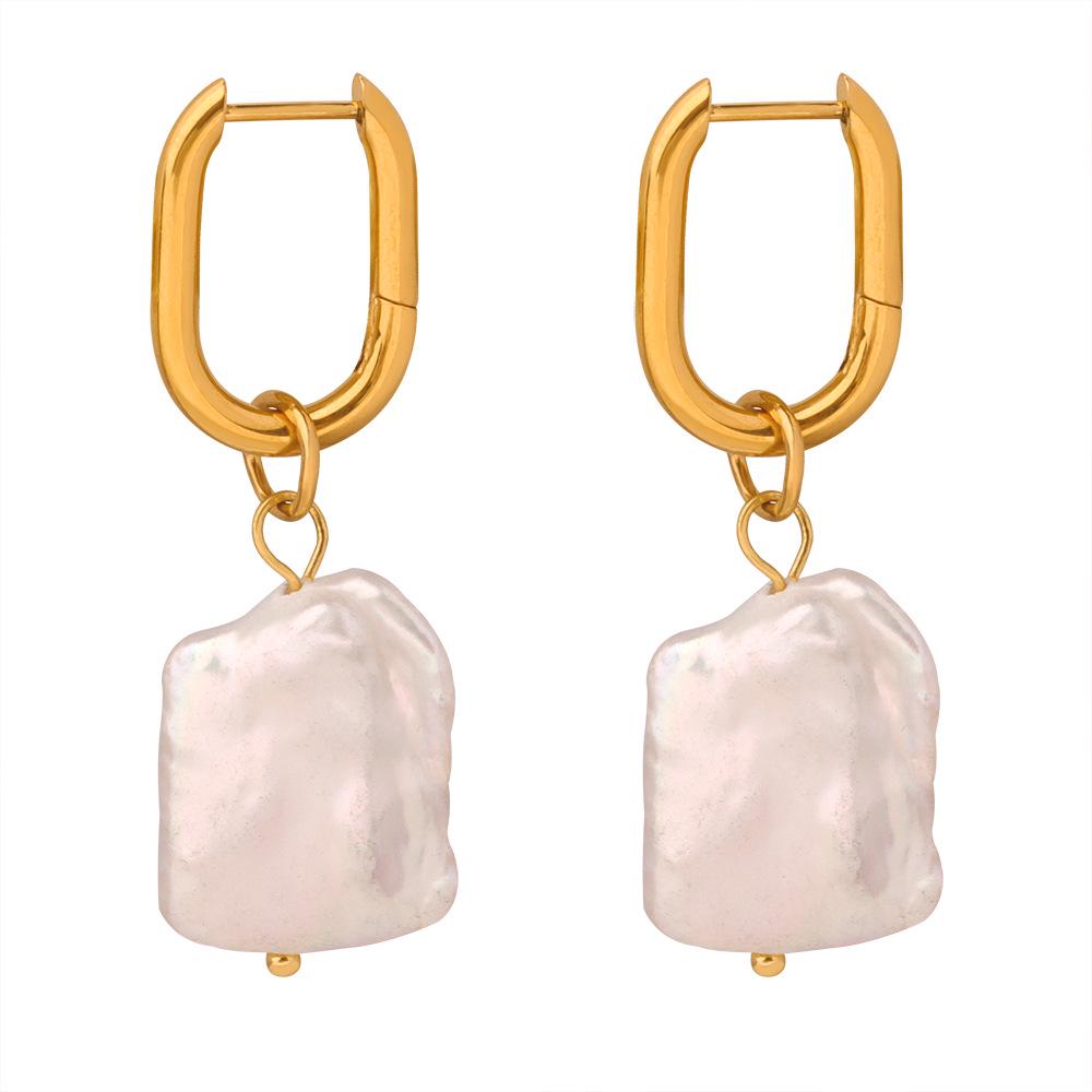 Gold-Plated Titanium Steel Irregular Freshwater Pearl Earrings - Retro Light Luxury Style for Women