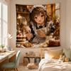 Baking Cat Maid Tapestry Healing Series Warm Light Kitchen Cat Ear Maid Printed Hanging Cloth Anime Room Decoration