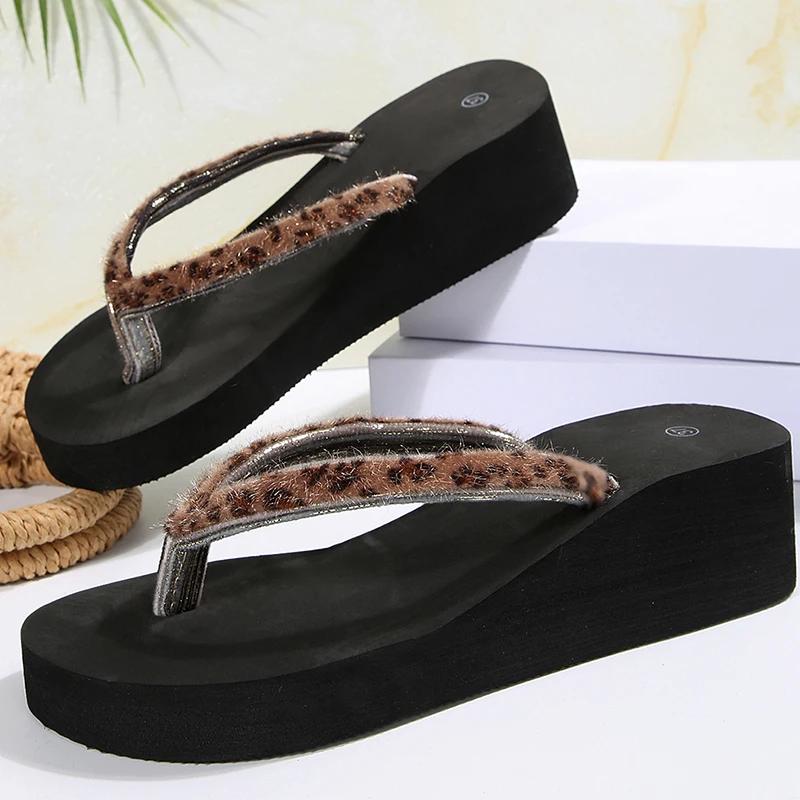 Fashion Leopard Faux Fur Wedge Flip Flops for Women Summer Beach Slip On Flat Slippers Female Stylish 2025 Eva High Heel Slides Mujer