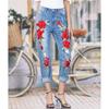 Women's Mid Rise Rose Floral Embroidery Straight Leg Jeans Distressed Cuffed Denim Pants Streetwear Casual Long Trousers