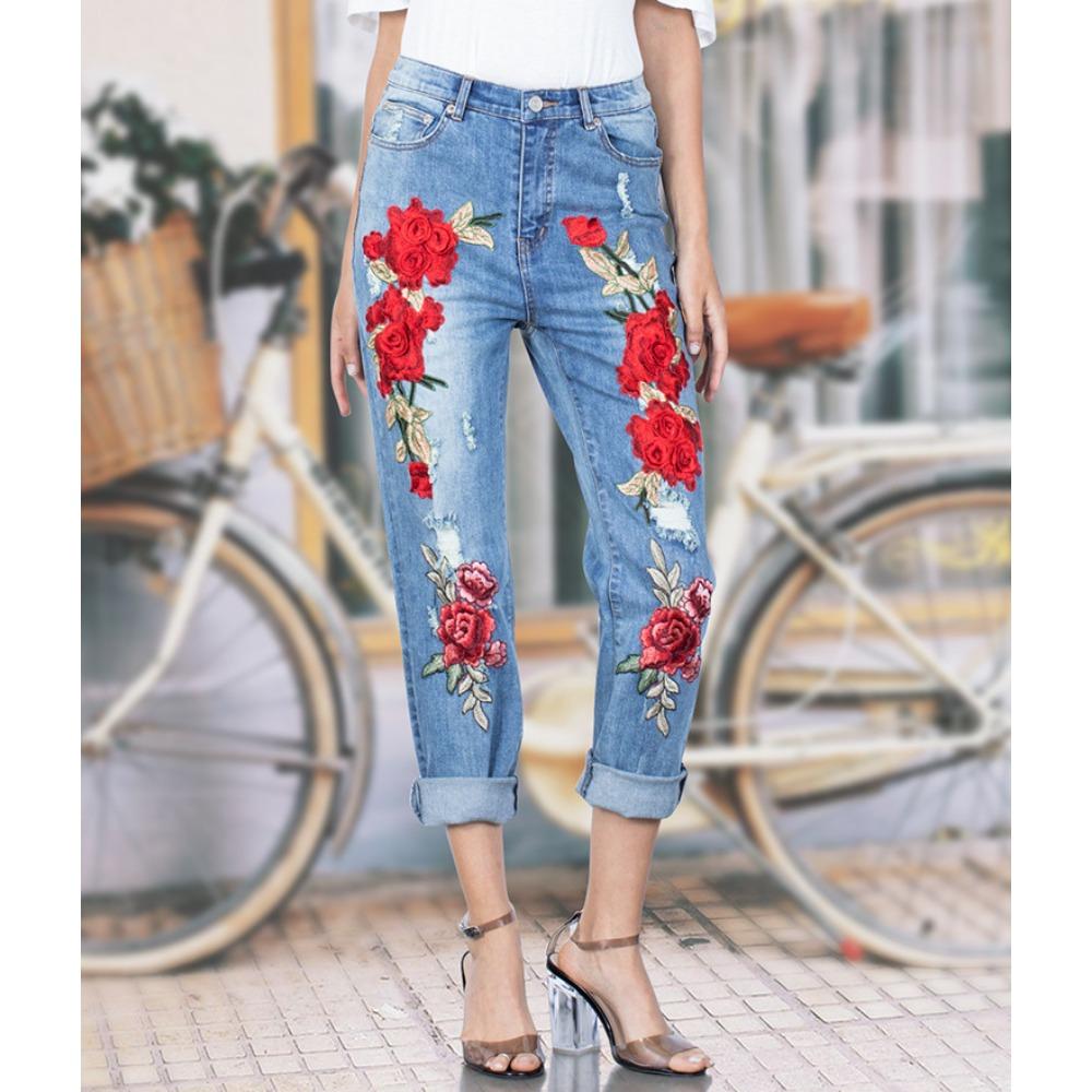 Women's Mid Rise Rose Floral Embroidery Straight Leg Jeans Distressed Cuffed Denim Pants Streetwear Casual Long Trousers