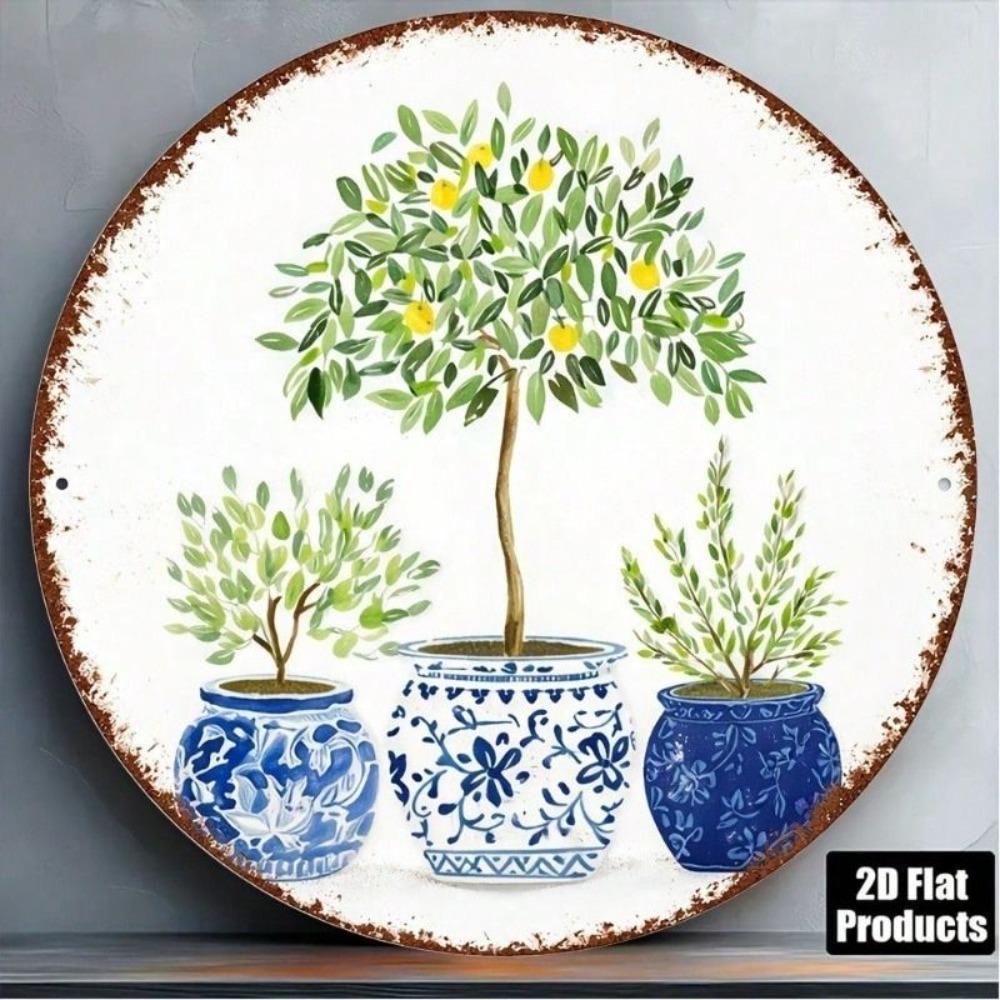 Round Metal Lemon Tree Wall Art Mediterranean Kitchen Balcony Decor 20x20cm