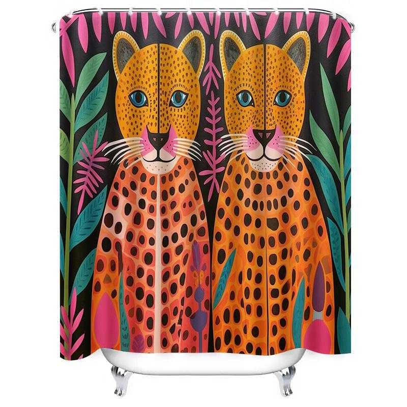 Modernes Boho Tierprint Duschvorhang-Set Für Badezimmerdekor Lebendiges Oranges Leopardenmuster Mit Grünpflanzen Perfektes Geschenk! (Set Incl
