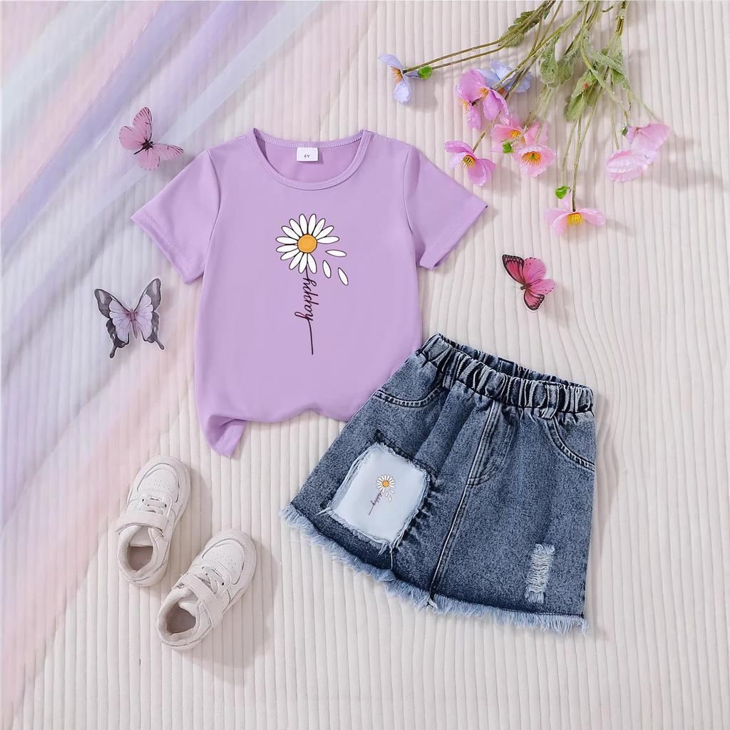 Girls' Casual Denim Skirt Sets - Stylish Children's Clothing Set