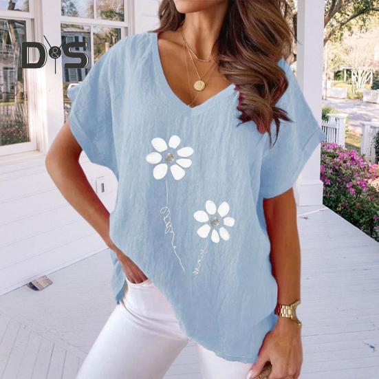 

Женская летняя футболка с коротким рукавом с цветочным принтом и v-образным вырезом, свободная средней длины, повседневный мягкий дышащий пуловер, женский повседневный топ L небесно-голубой