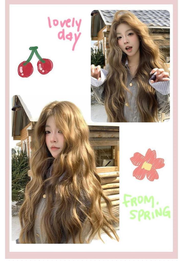 Natural Anti-Shedding Water Wave Long Curly Wig for Women, Linen Brown, Korean Style, Atmospheric Full Wig Cap