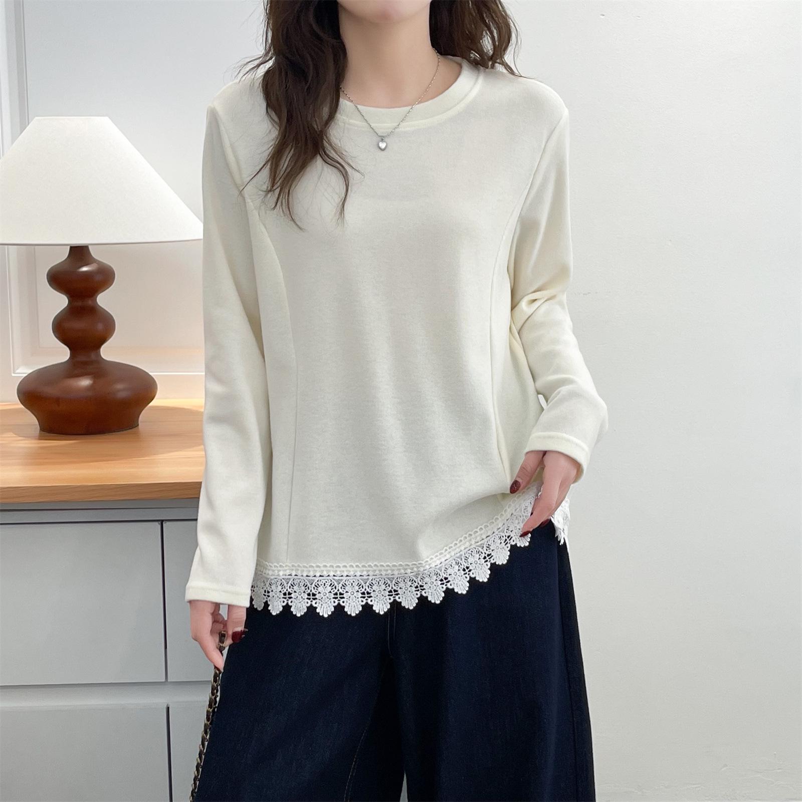 Plus Size Lace Hem Patchwork Long Sleeve Top - Round Neck Casual Style (2026 & 2601) 3XL