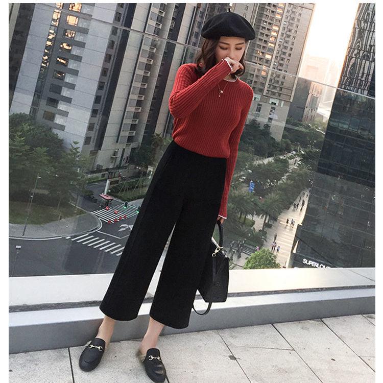 Women's Wool Wide-Leg Nine-Point Pants - Autumn/Winter, Loose, Slimming, Korean Style.
