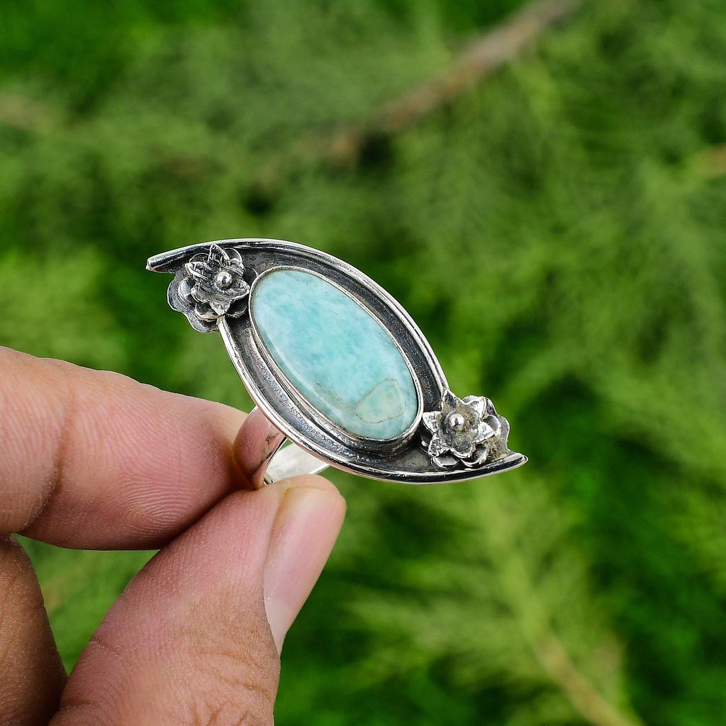 Natural Amazonite Gemstone 925 Silver Solitaire Flower Adjustable Ring For Girls