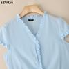 VONDA Summer Women Casual V-Neck Short Sleeve Ruffled Hem Slim T-shirts Tops