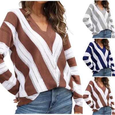 Women's Fashion V-Neck Hollow Sweater Female Striped Knitted Tops