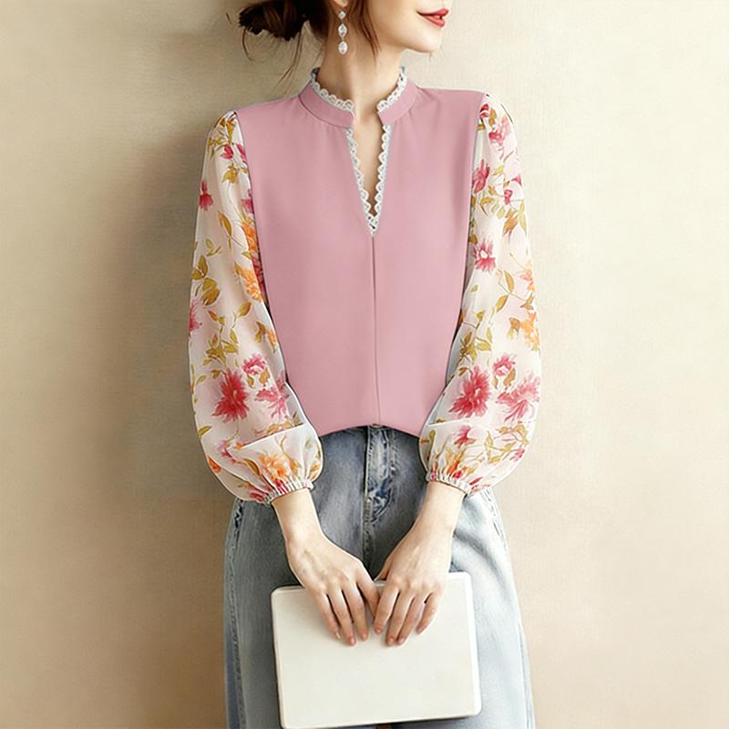 ZANZEA Women Casual V-Neck Floral Print Splice Long Sleeve Blouse