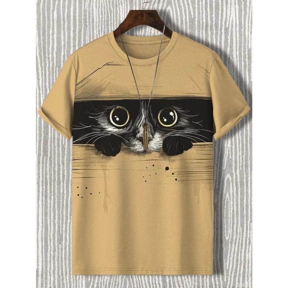 Summer New 3D Fun Cute Kitten Art Cartoon Print Loose, Fashionable and Comfortable Round Neck Short Sleeve T-shirt