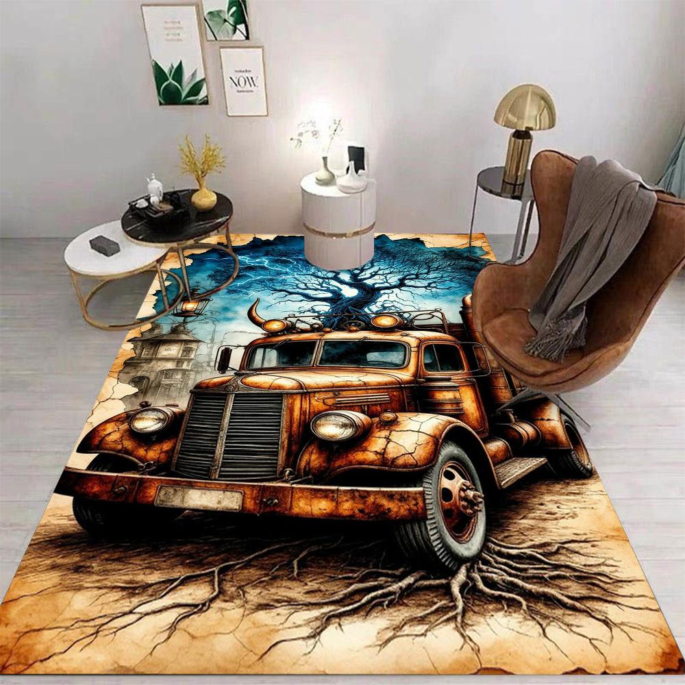 3D Halloween Rundown Car Skeleton Horror Scene Carpet Retro Rundown Car Living Room Carpet Home Decoration Gift