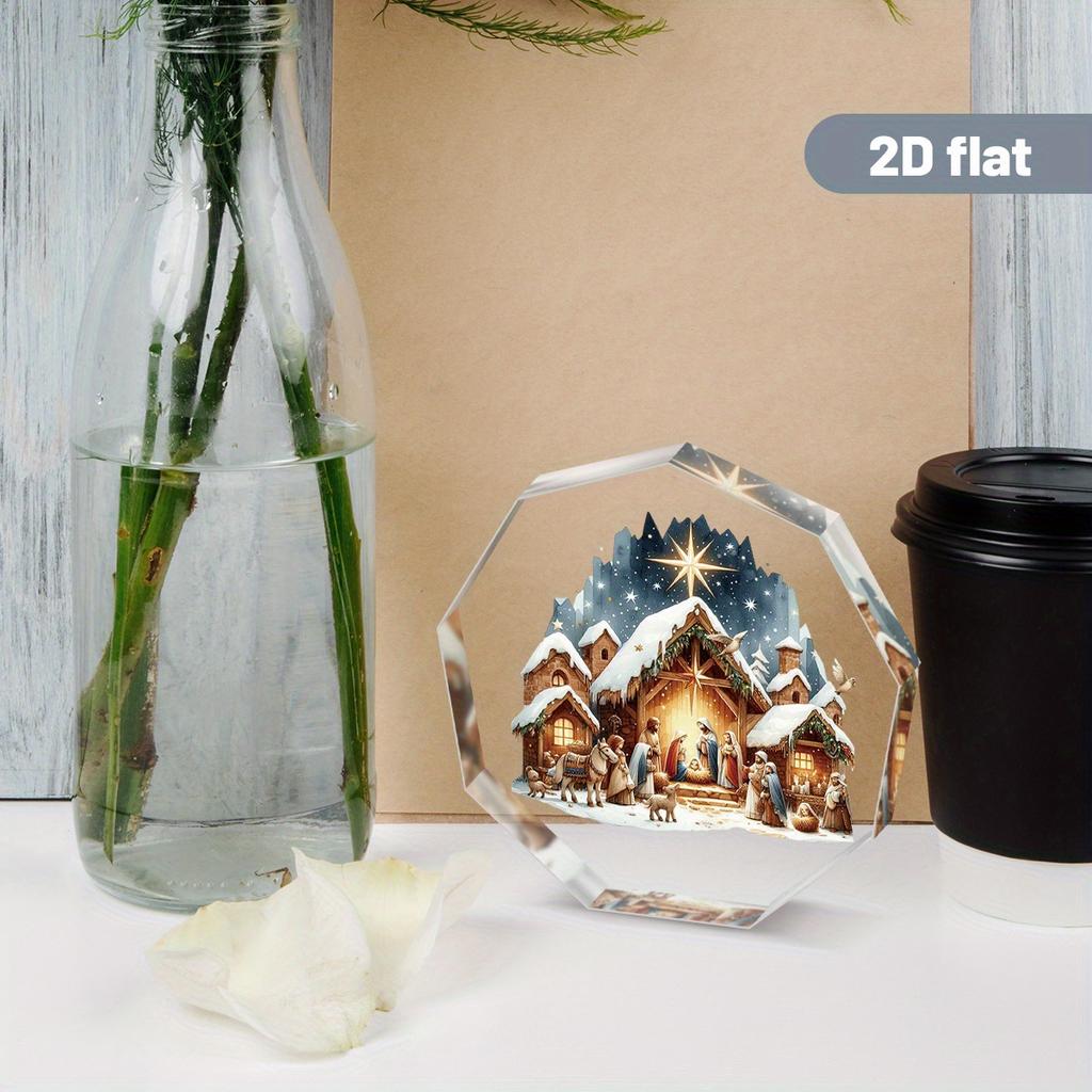 Nine-Sided Acrylic Nativity Scene Ornament - Jesus' Birth with Mary, , Jesus & Angel, Stable Manger Figurine Replica, 2D Flat Rotating-Like Effect